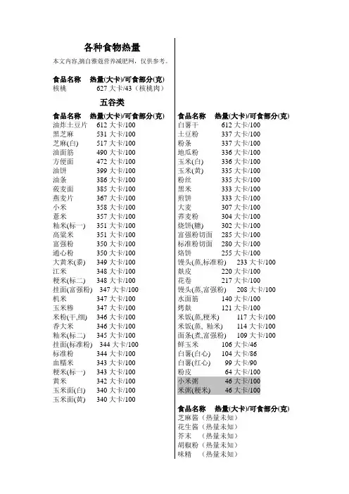 常见食物热量表