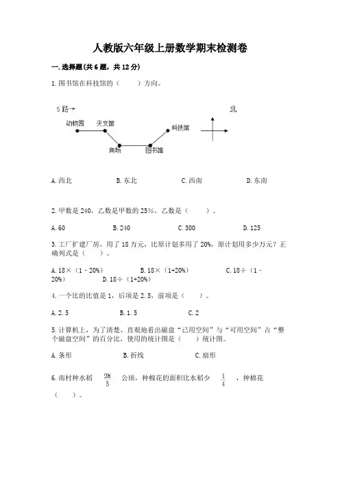 人教版六年级上册数学期末检测卷附答案(完整版)