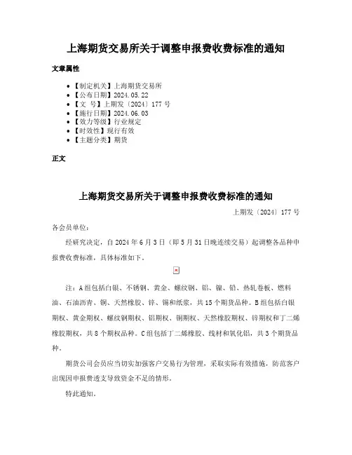 上海期货交易所关于调整申报费收费标准的通知