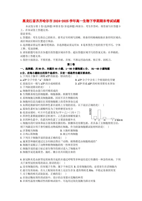 黑龙江省齐齐哈尔市2024_2025学年高一生物下学期期末考试试题