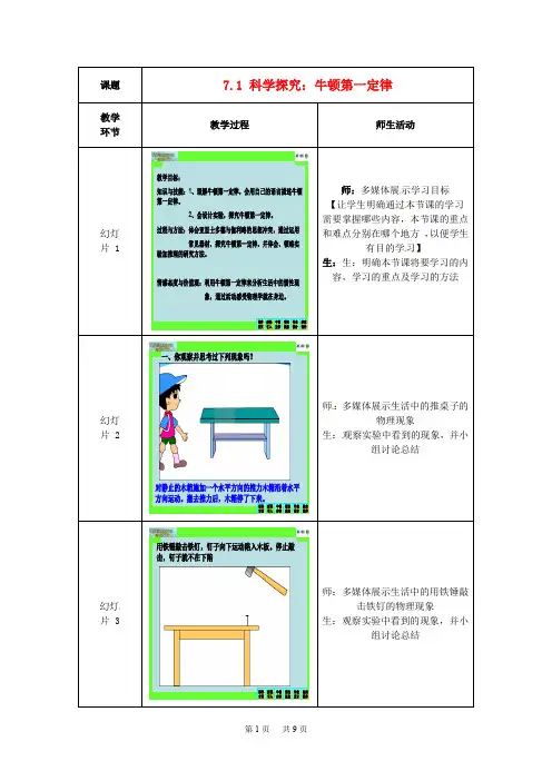 沪科版物理八年级物理全册《7.1 科学探究 牛顿第一定律》教案