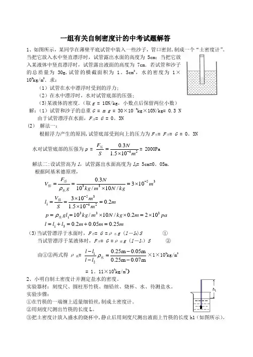 一组有关自制密度计的中考试题