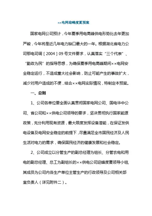 电网迎峰度夏预案