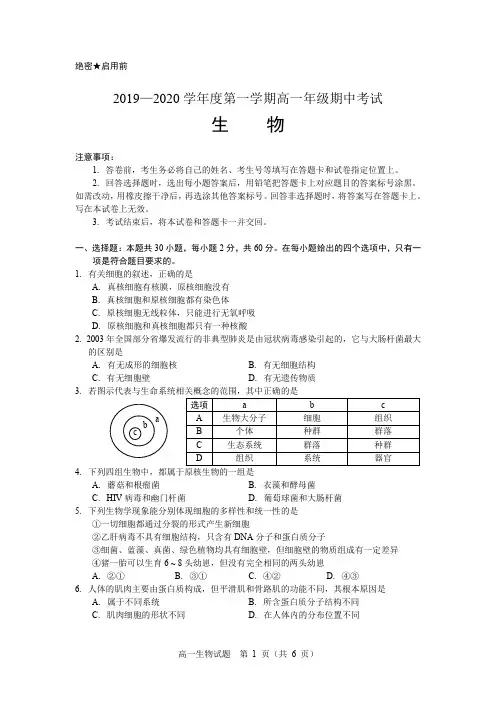 2019—2020学年度第一学期高一年级期中考试 生物
