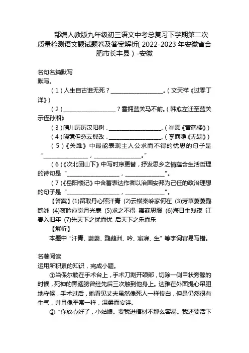部编人教版九年级初三语文中考总复习下学期第二次质量检测语文题试题卷及答案解析(2022-2023年安