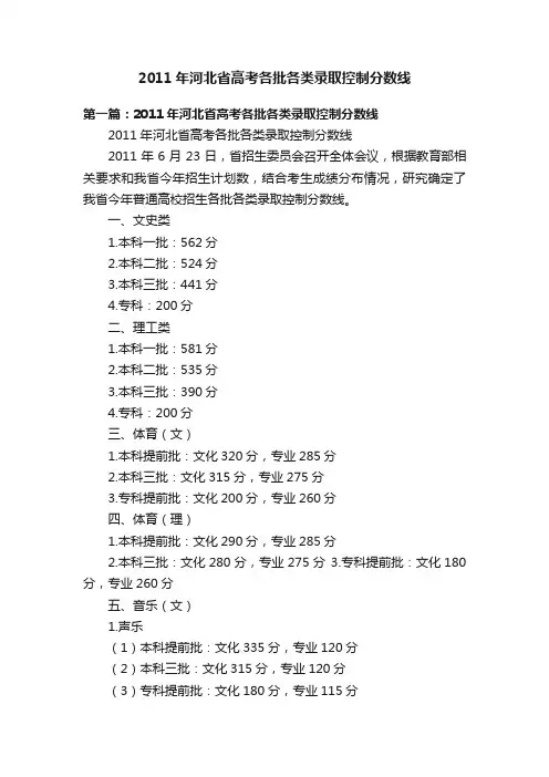 2011年河北省高考各批各类录取控制分数线