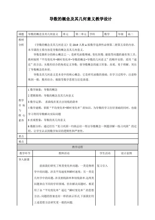 高中数学选择性必修二 5 1 2导数的概念及其几何意义 教案