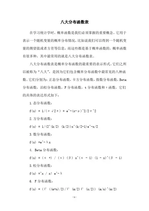 八大分布函数表
