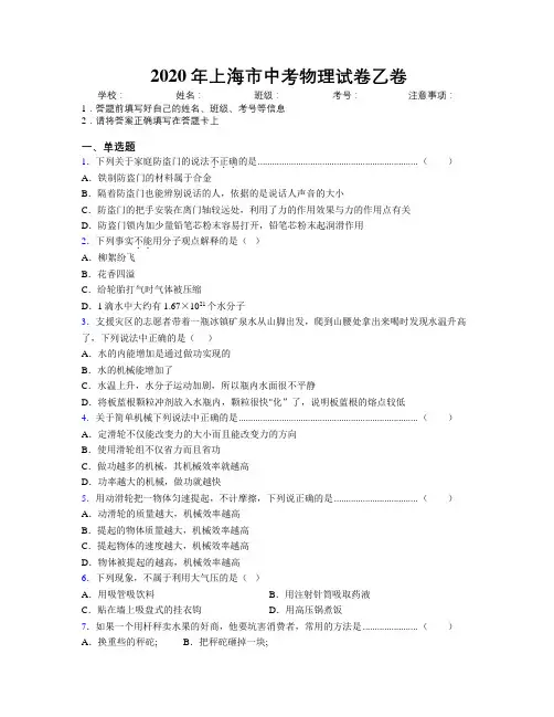 2020年上海市中考物理试卷乙卷附解析