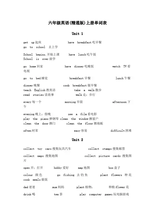 六年级英语上册单词表精通)