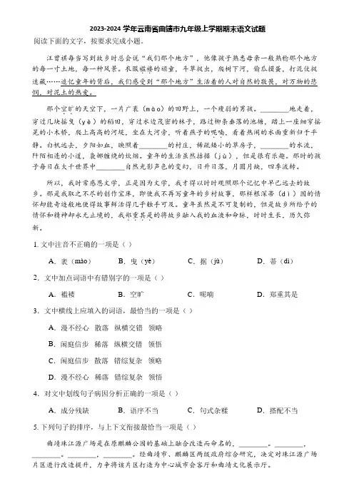 2023-2024学年云南省曲靖市九年级上学期期末语文试题