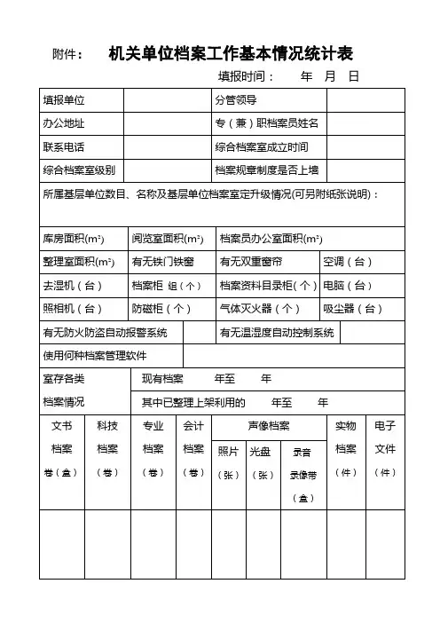 机关单位档案工作基本情况统计表