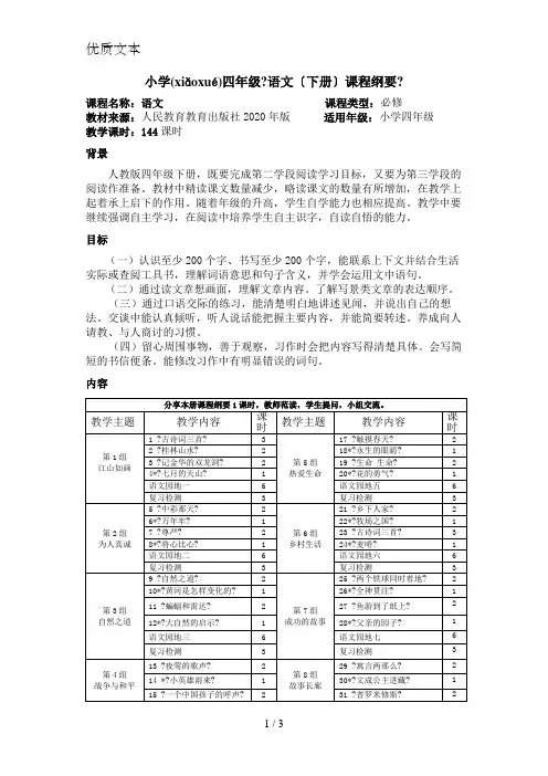 人教版4年级下册语文课程纲要
