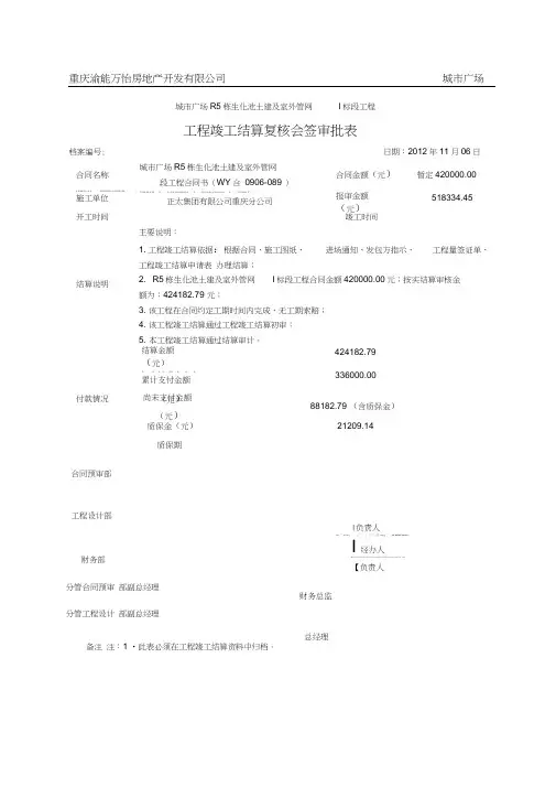 结算决算工程竣工结算复核会签审批表及结算确认书