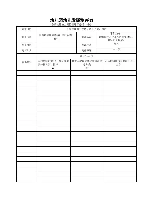 幼儿园幼儿发展测评表(会按物体的主要特征进行分类、排序)