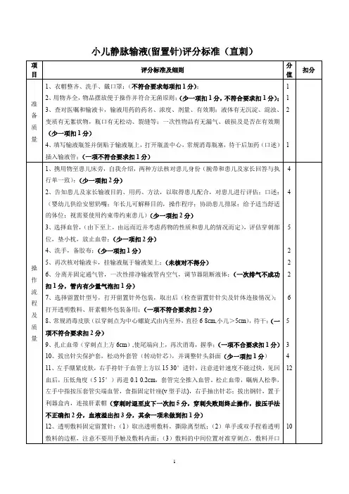 小儿静脉输液(留置针)评分标准(直刺)