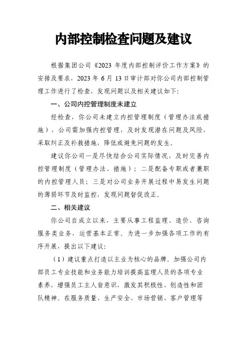 内部控制检查问题及建议