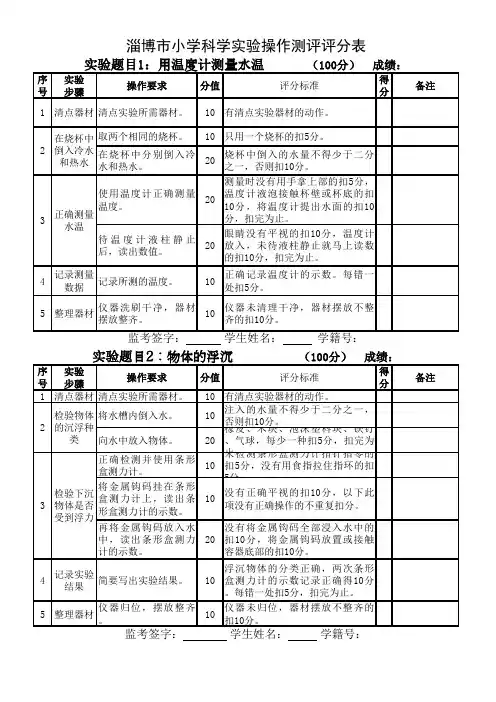 淄博市小学科学实验操作测评评分表