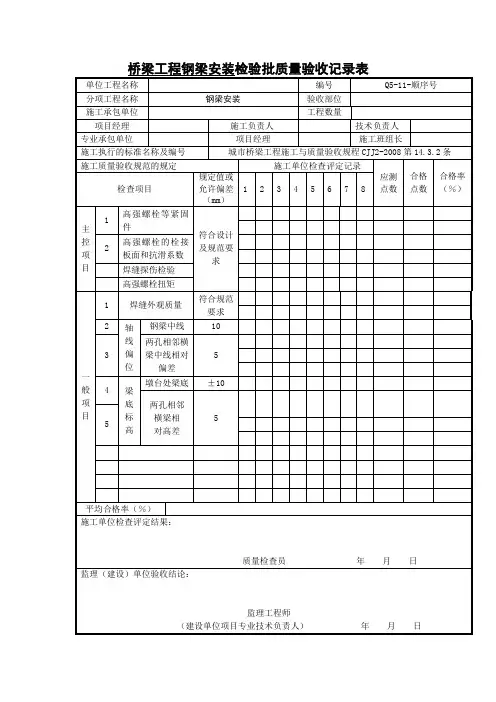 桥梁工程钢梁安装检验批质量验收记录表