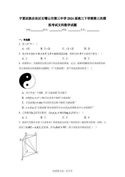 宁夏回族自治区石嘴山市第三中学2024届高三下学期第三次模拟考试文科数学试题