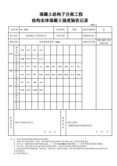 结构实体混凝土强度验收记录