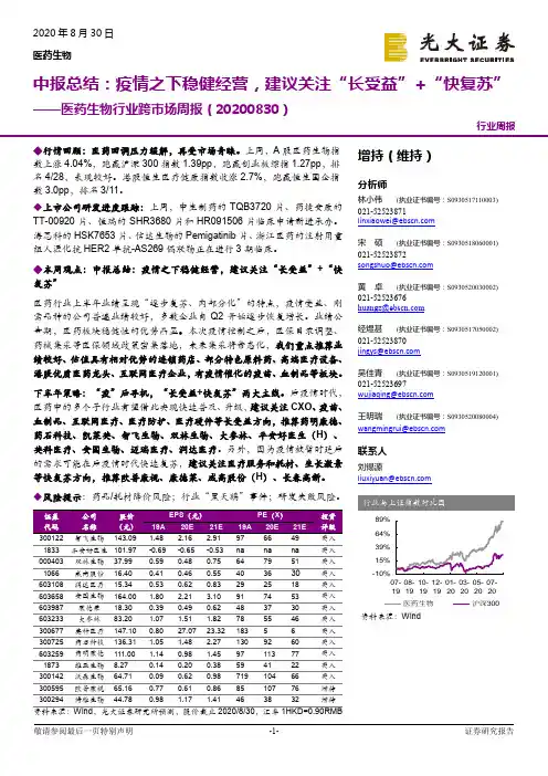 医药生物行业跨市场周报：中报总结：疫情之下稳健经营，建议关注“ 长受益”+“ 快复苏”