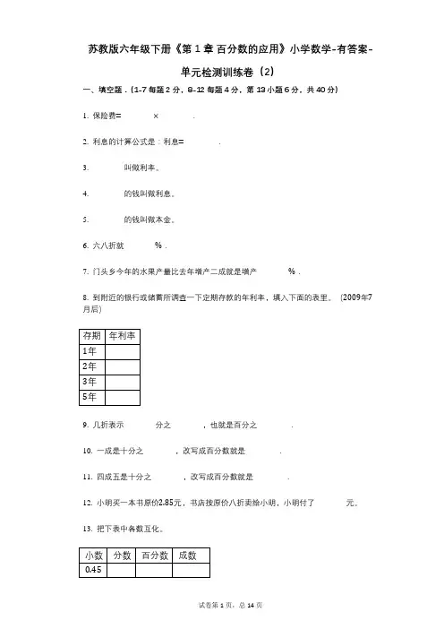 苏教版六年级下册《第1章_百分数的应用》小学数学-有答案-单元检测训练卷(2)