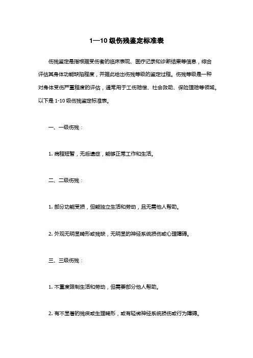 1—10级伤残鉴定标准表