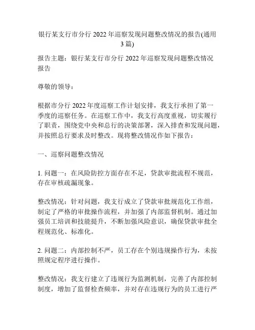 银行某支行市分行2022年巡察发现问题整改情况的报告(通用3篇)