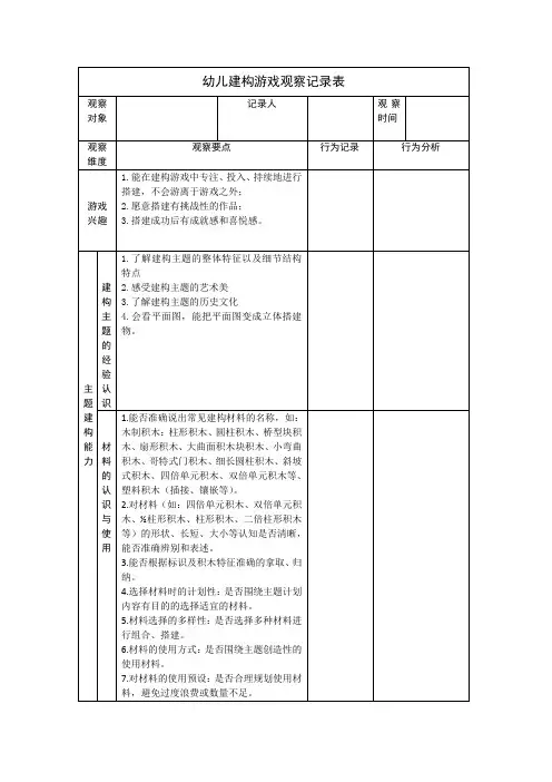 大班幼儿建构游戏观察记录表(维度)
