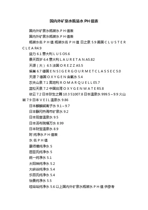 国内外矿泉水瓶装水PH值表