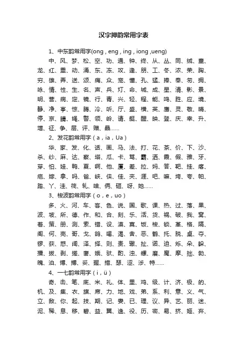 汉字押韵常用字表
