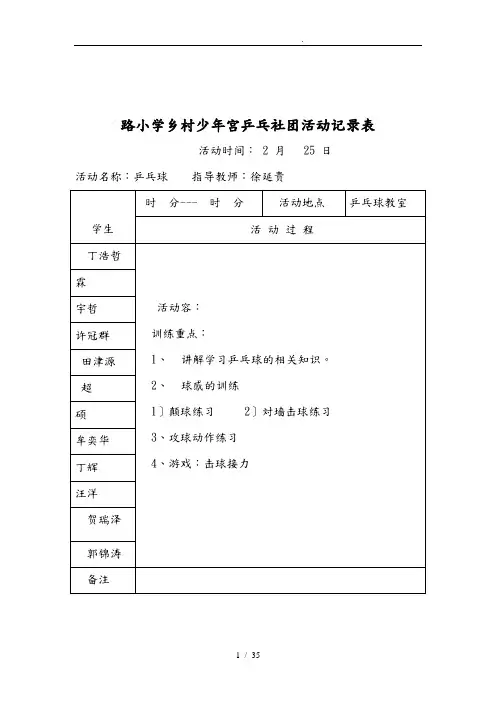 乡村少年宫乒乓球活动记录文本
