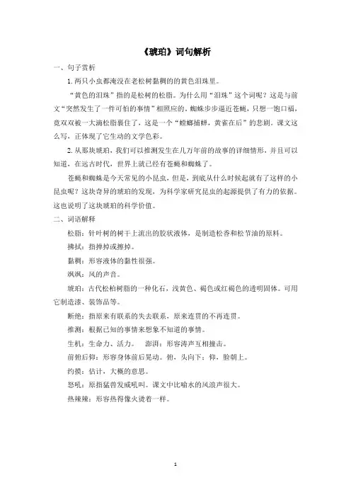 人教部编版四年级下册语文《琥珀》词句解析