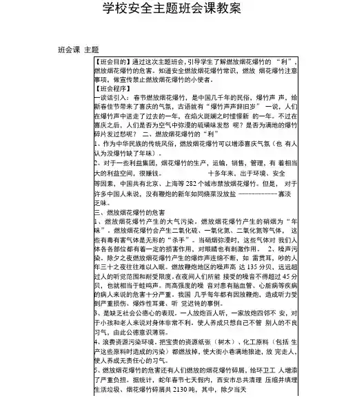 学校安全主题班会课教案(禁止燃放烟花爆竹)