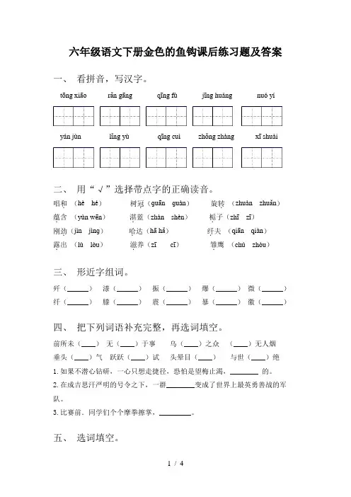 六年级语文下册金色的鱼钩课后练习题及答案