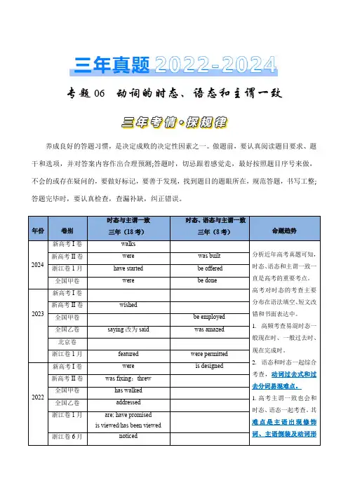 专题06 动词的时态、语态和主谓一致(解析版)-三年(2022-2024)高考英语真题分类汇编