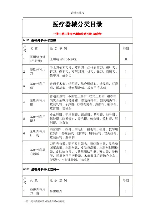 一类二类三类医疗器械分类目录--政府版