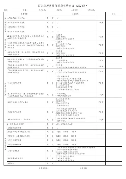 医院病历质量监测指标检查表(2023版)