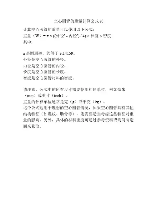 空心圆管的重量计算公式表