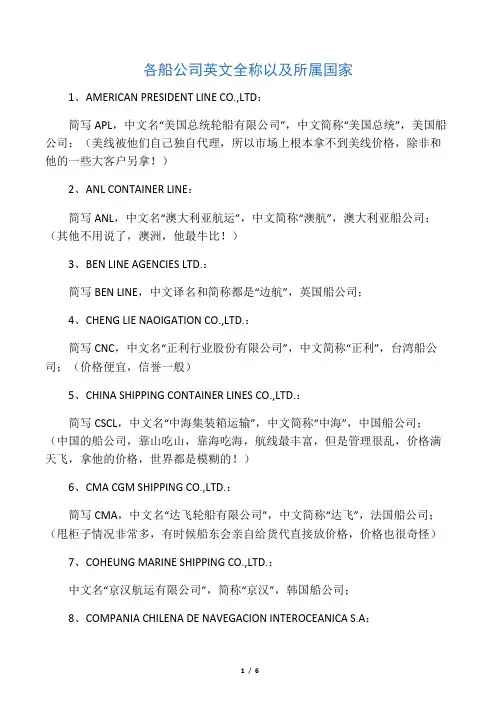 各船公司英文全称以及所属国家