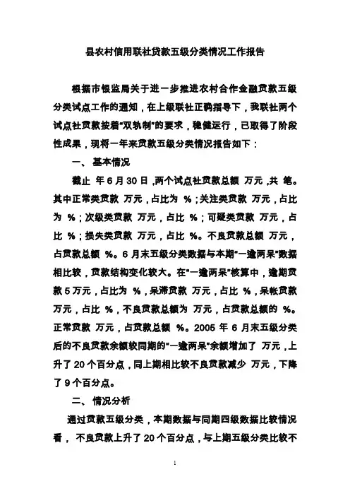 县农村信用联社贷款五级分类情况工作报告