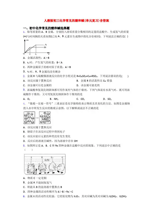 人教版初三化学常见的酸和碱(单元复习)含答案