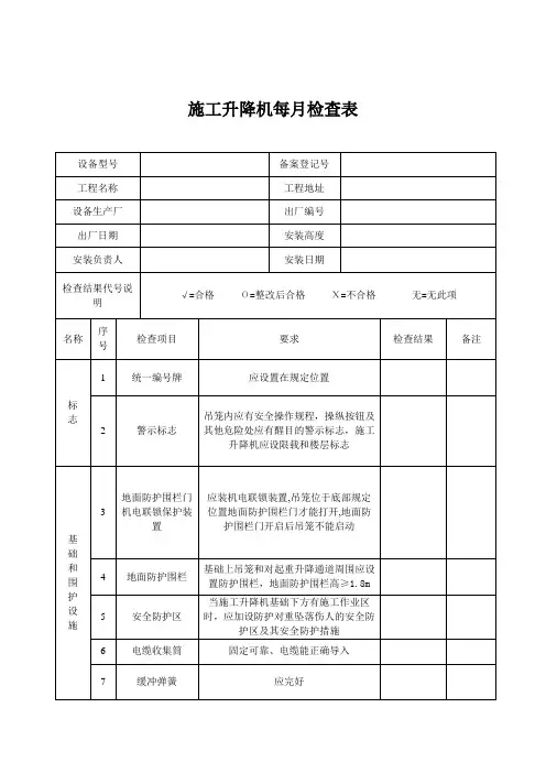 施工电梯月周检查记录表