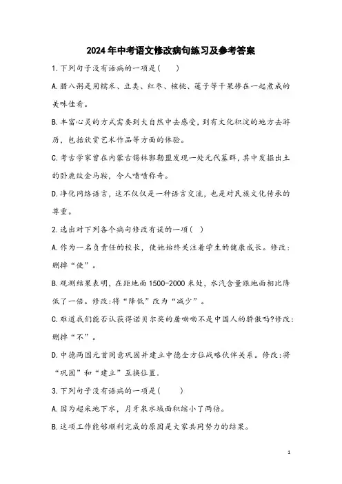 2024年中考语文修改病句练习及参考答案