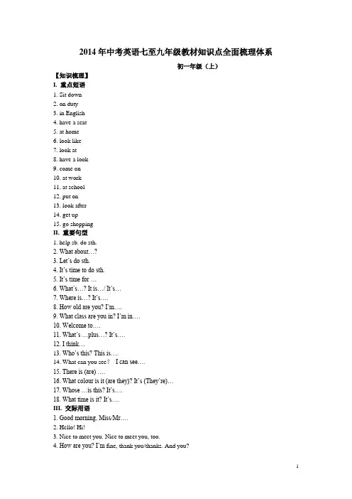 2014年中考英语七至九年级教材知识点全面梳理体系