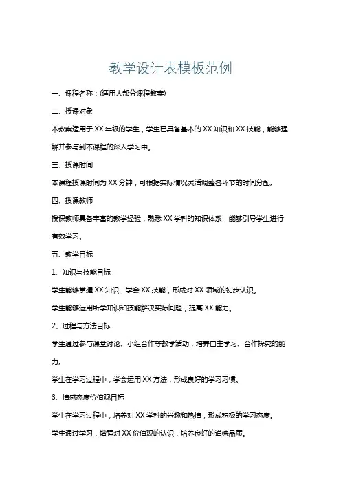 教学设计表模板范例