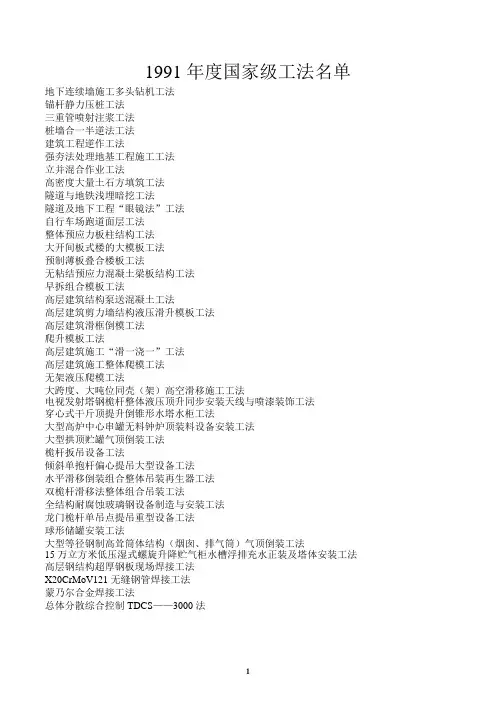 1991~2010年度国家一级、二级工法名单