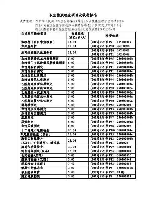 职业健康检查项目及收费标准