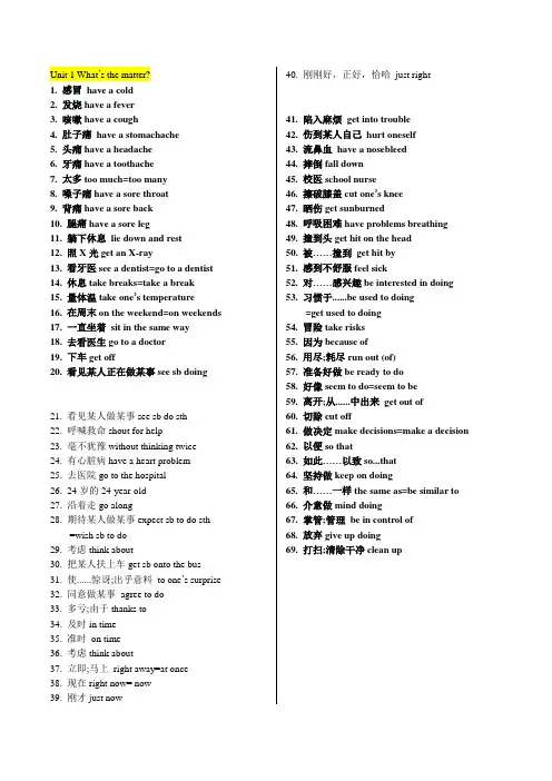 人教八年级下册 Unit 1 What’s the matter 短语归纳